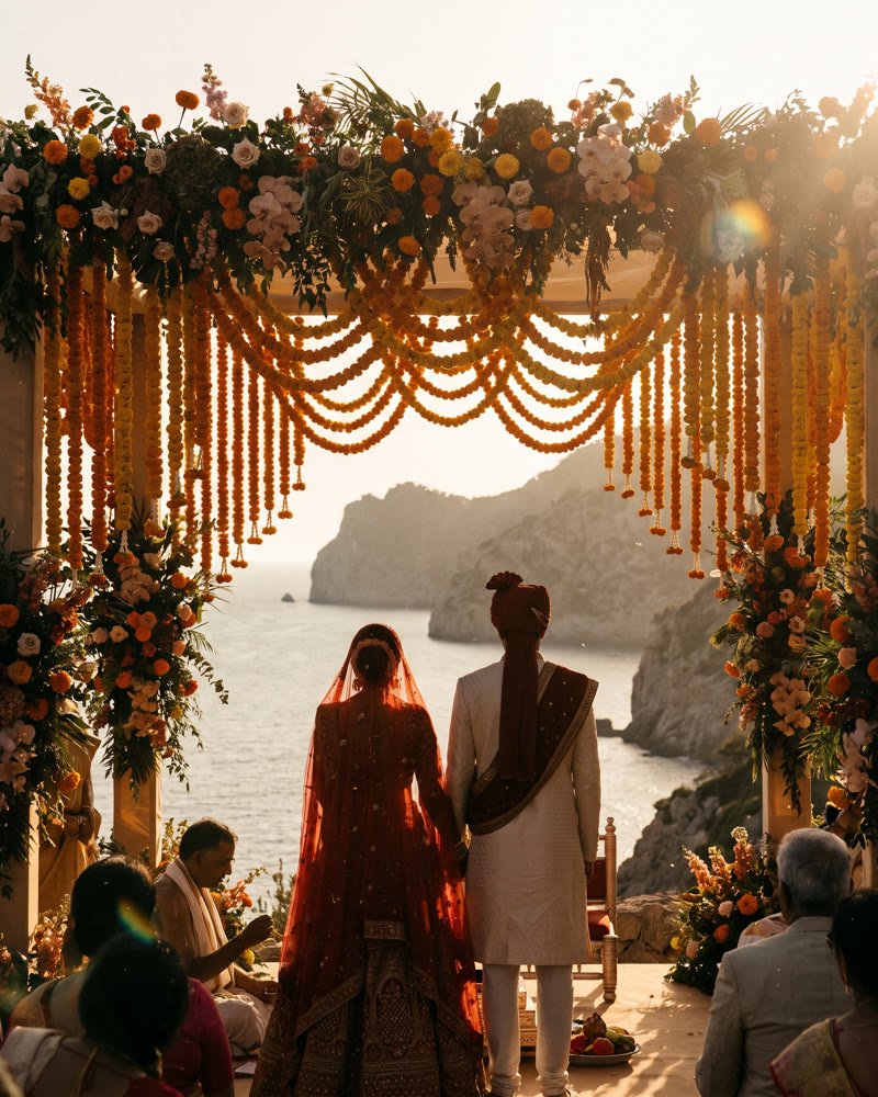Indian wedding mandap ceremony film still, Mallorca