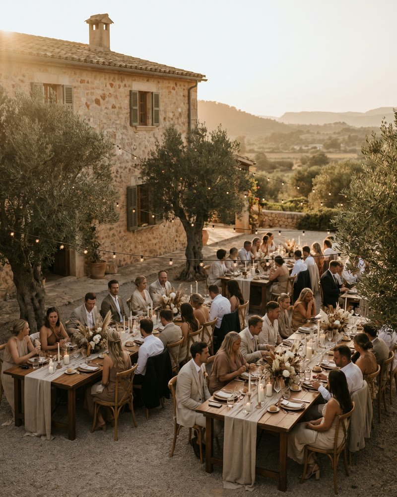Finca wedding reception film still, Mallorca countryside