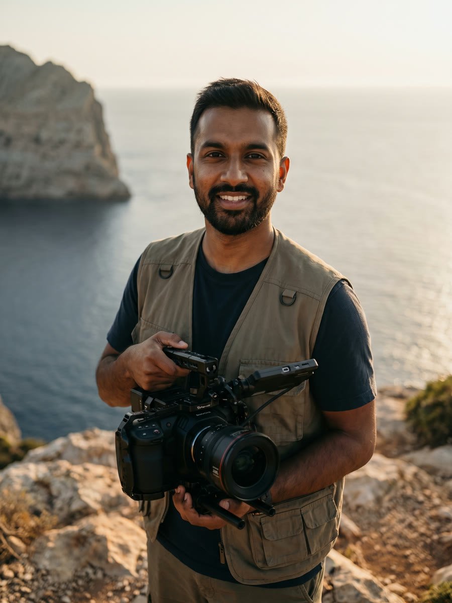Behind-the-scenes portrait of an A Storyteller Production videographer filming at golden hour on the Mallorca coastline